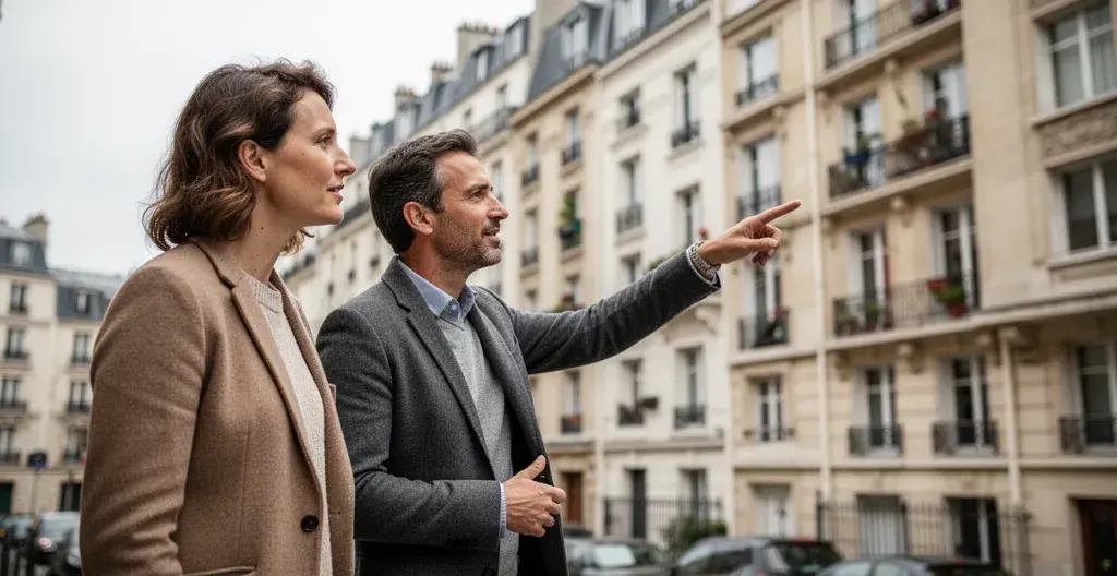 Couple français discutant devant immeuble résidentiel pour investissement locatif LMNP