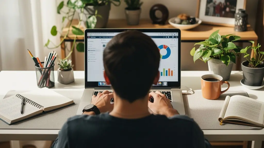 Espace de travail avec ordinateur affichant des données de simulation immobilière