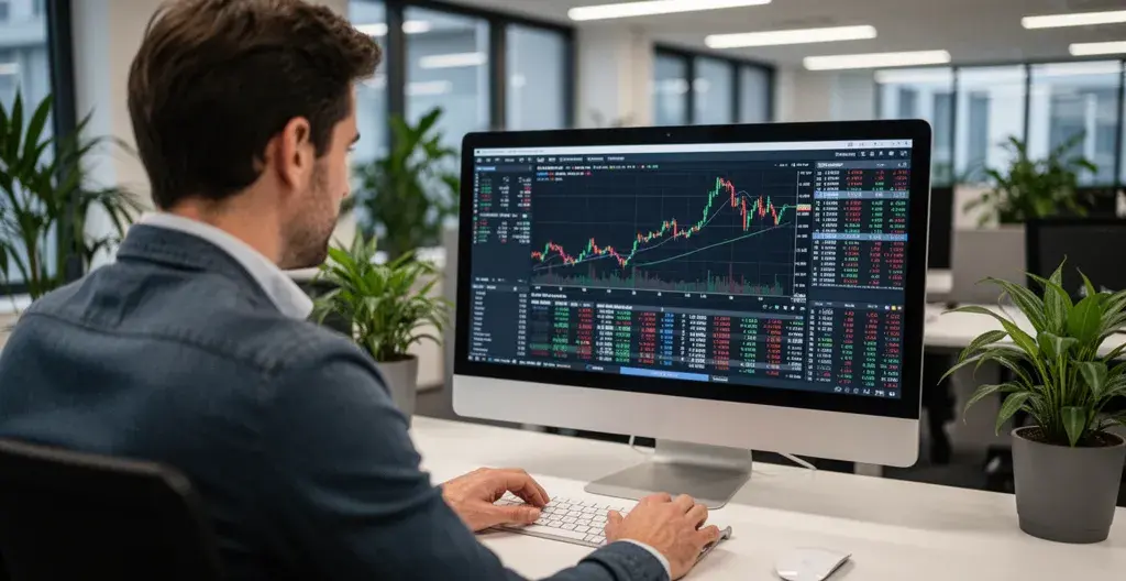 Professionnel analysant des données fiscales LMNP sur écran d'ordinateur dans un bureau moderne