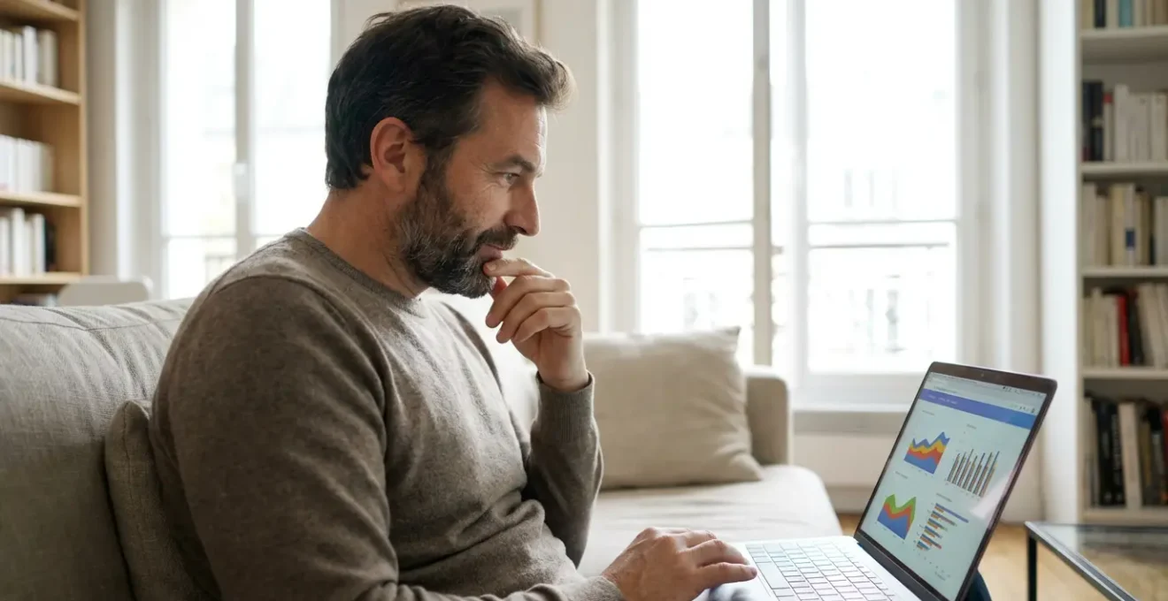 Propriétaire français analysant sa fiscalité LMNP sur ordinateur portable dans son salon