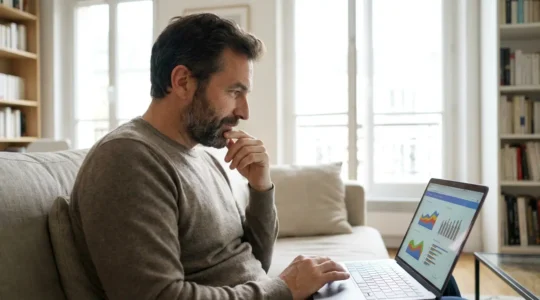 Propriétaire français analysant sa fiscalité LMNP sur ordinateur portable dans son salon