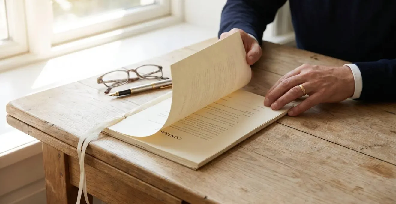 Gros plan sur des mains feuilletant les pages d'un contrat de bail commercial, fond neutre clair