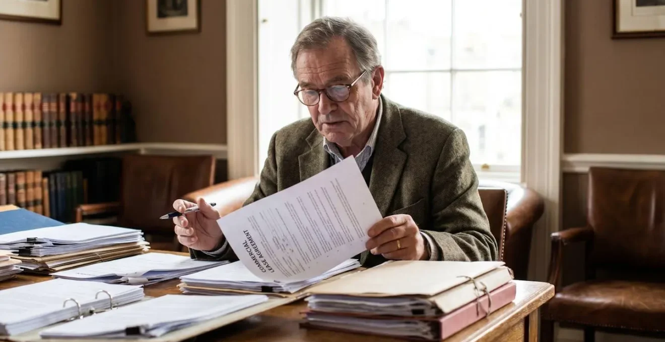 Investisseur senior consultant les documents d'un bail commercial en résidence services, lumière naturelle, ambiance bureautique sobre